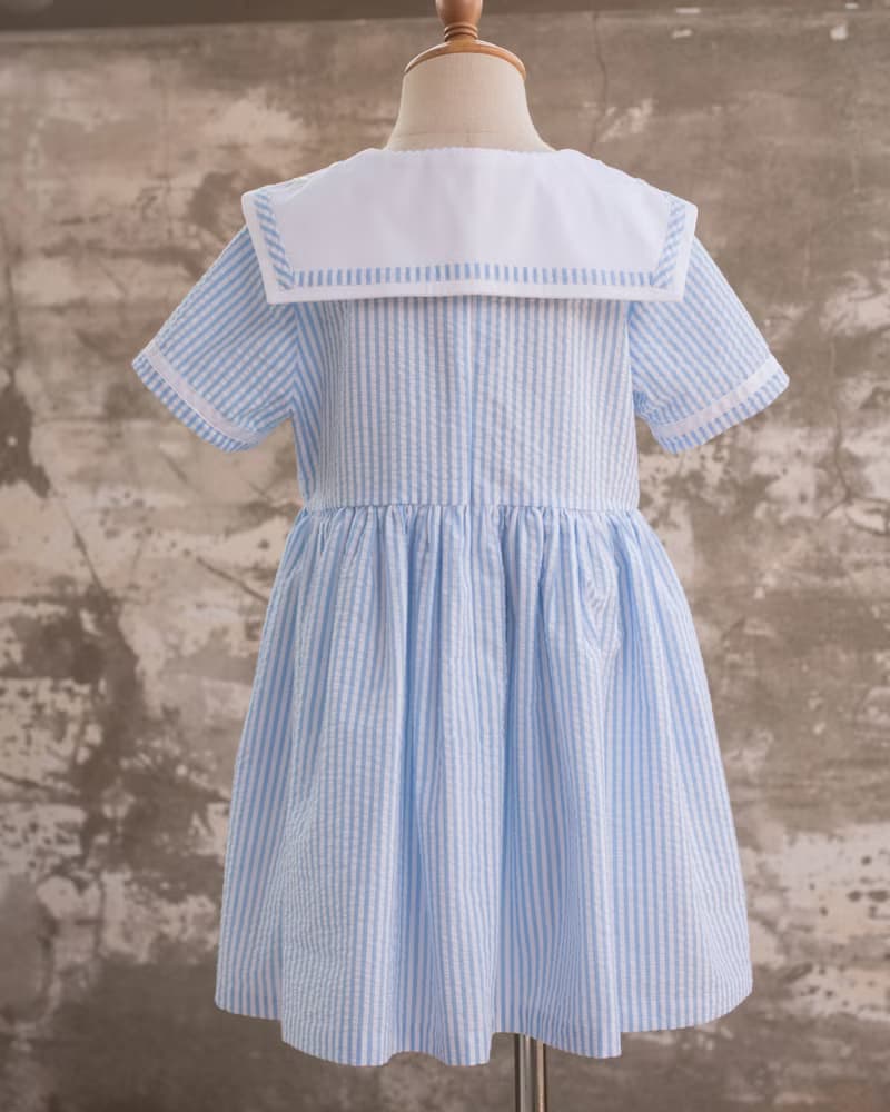 女童藍色條紋水手服領手作洋裝姐弟裝