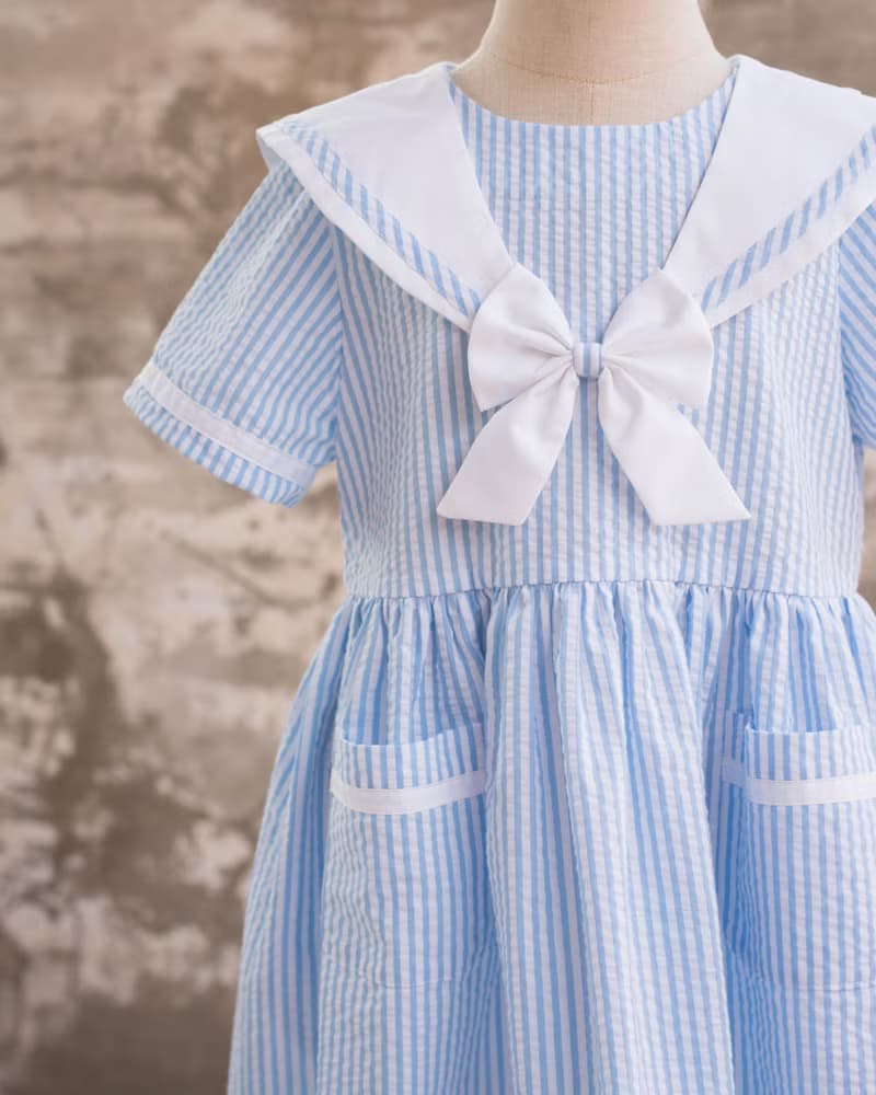 女童藍色條紋水手服領手作洋裝姐弟裝
