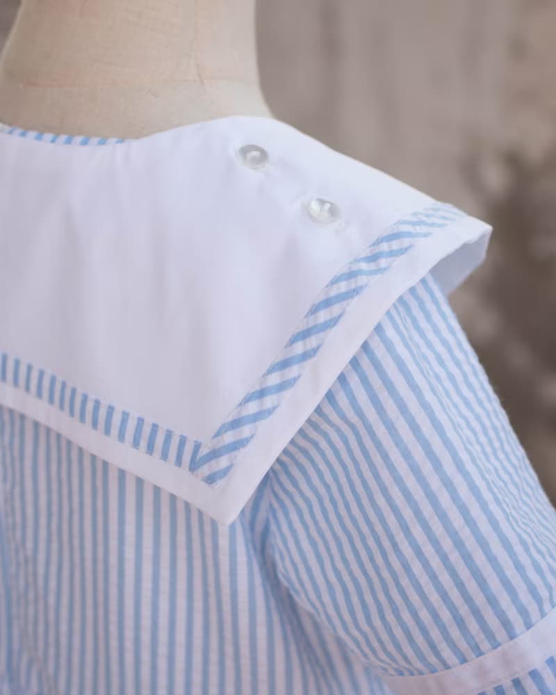 女童藍色條紋水手服領手作洋裝姐弟裝