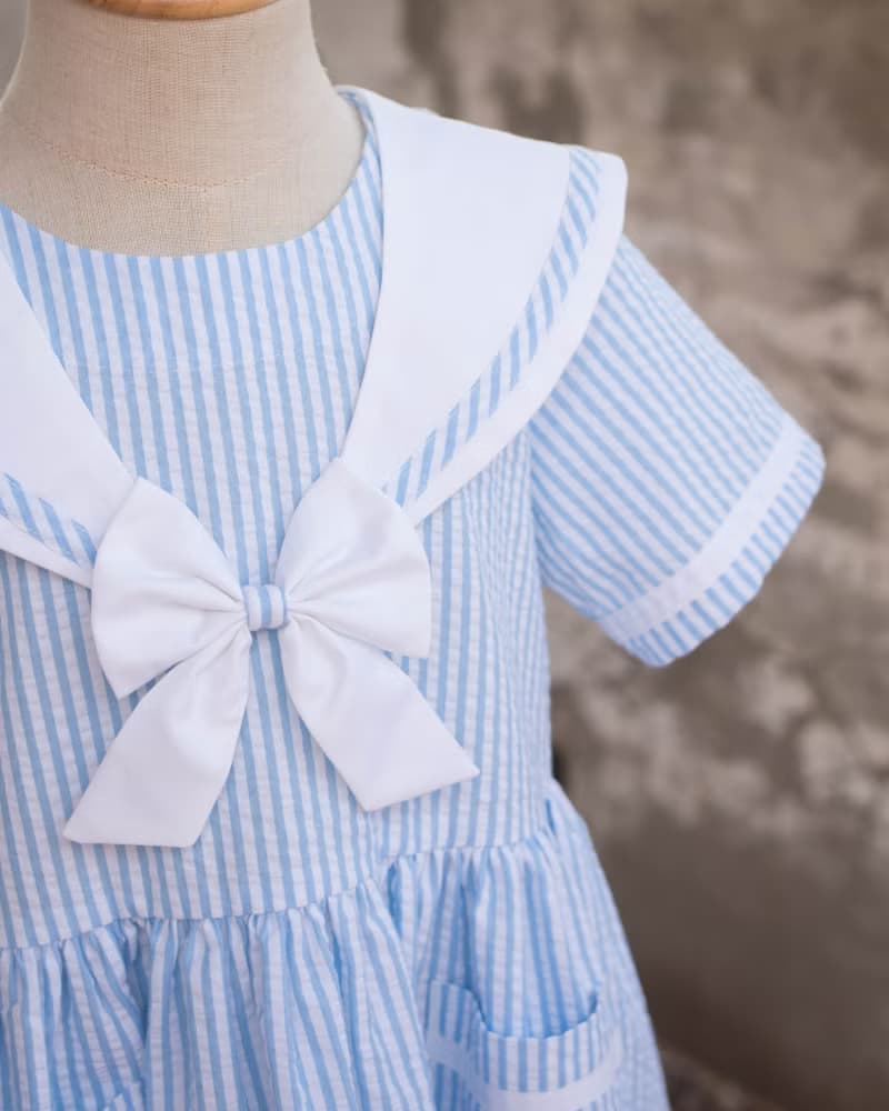 女童藍色條紋水手服領手作洋裝姐弟裝