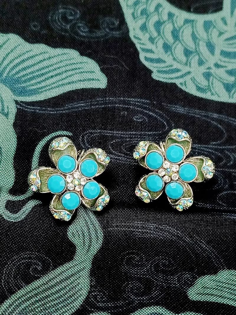 vintage jewelry  1928 立體青色花卉 夾式耳環