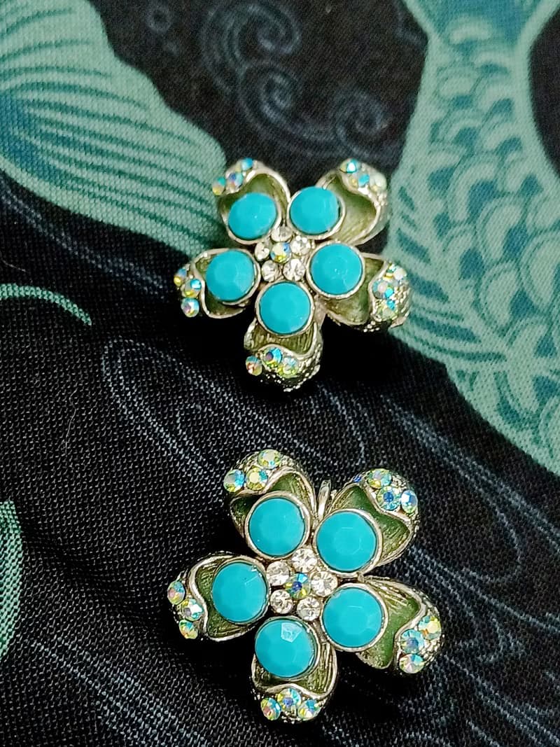 vintage jewelry  1928 立體青色花卉 夾式耳環