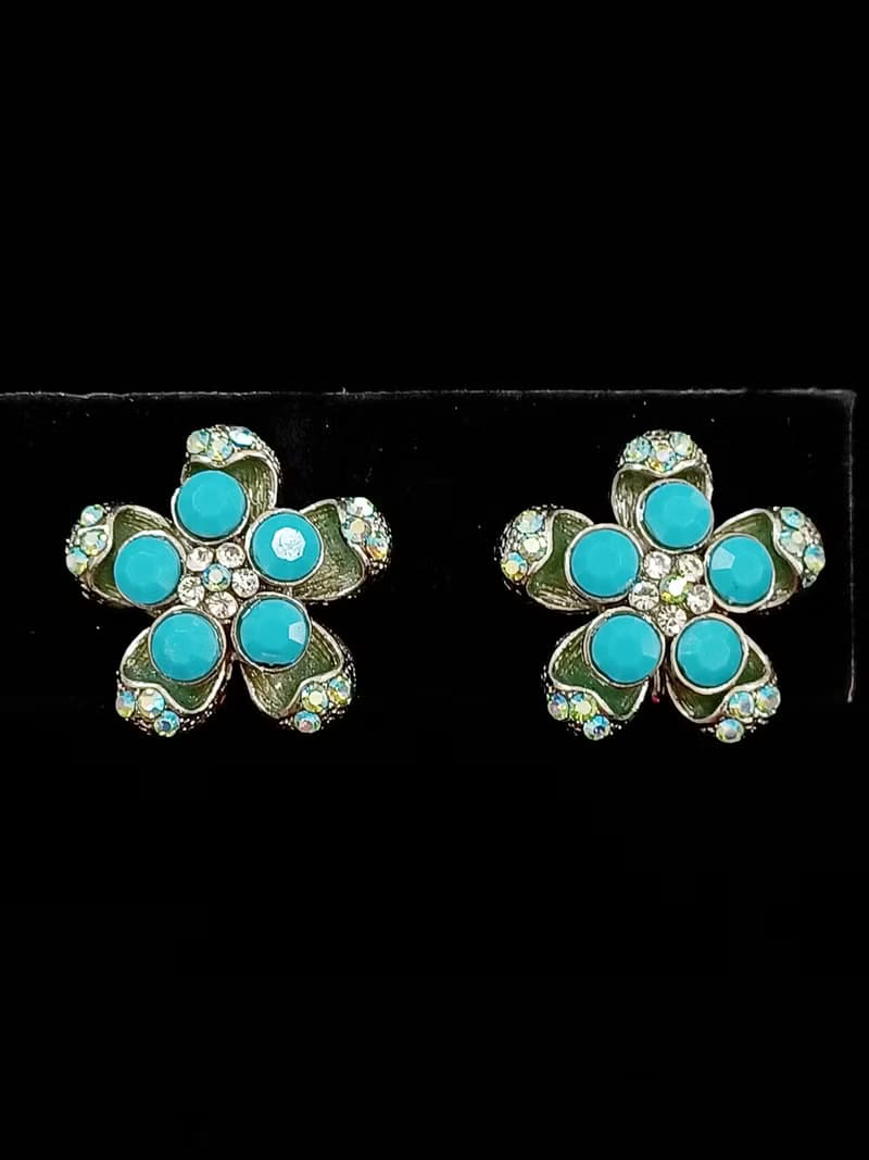 vintage jewelry  1928 立體青色花卉 夾式耳環