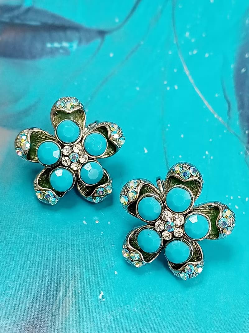 vintage jewelry  1928 立體青色花卉 夾式耳環
