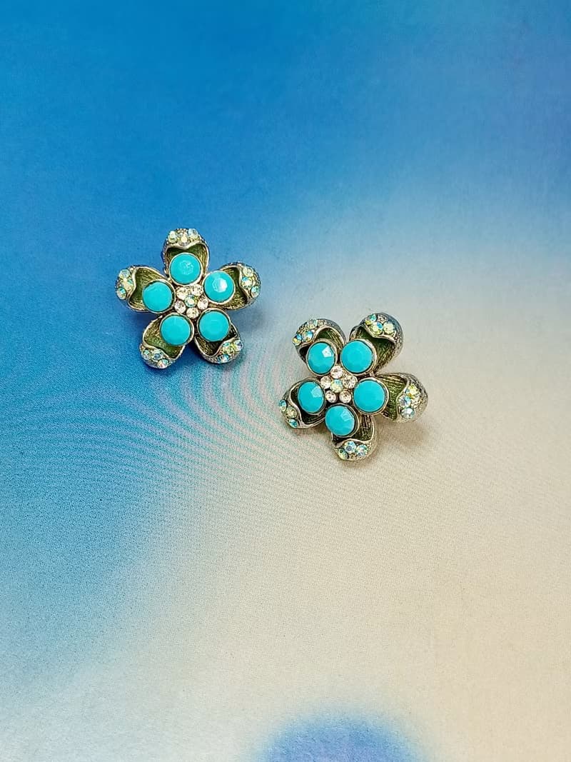 vintage jewelry  1928 立體青色花卉 夾式耳環