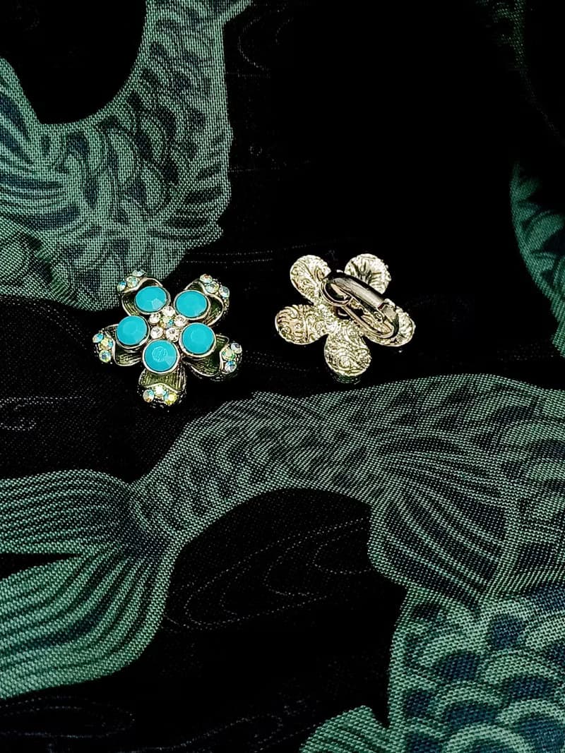 vintage jewelry  1928 立體青色花卉 夾式耳環