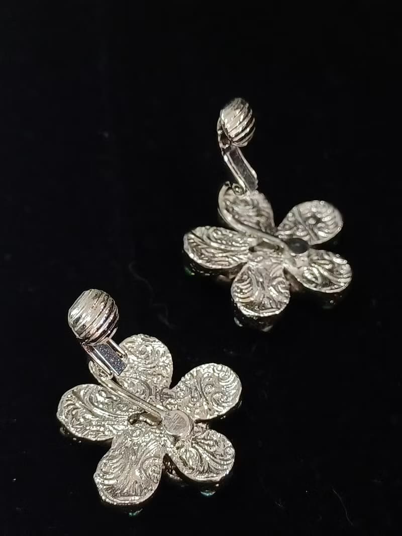 vintage jewelry  1928 立體青色花卉 夾式耳環
