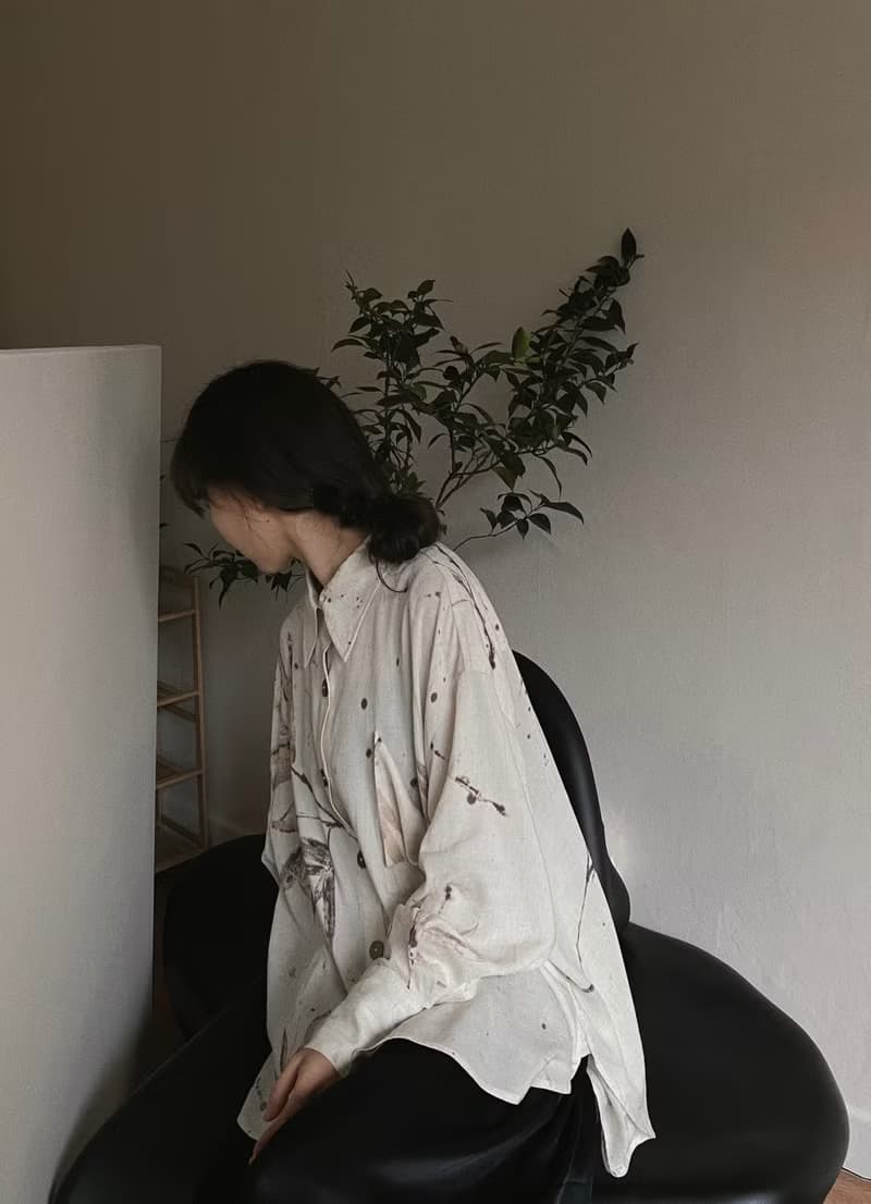 新中式復古 竹葉印染寬鬆襯衫