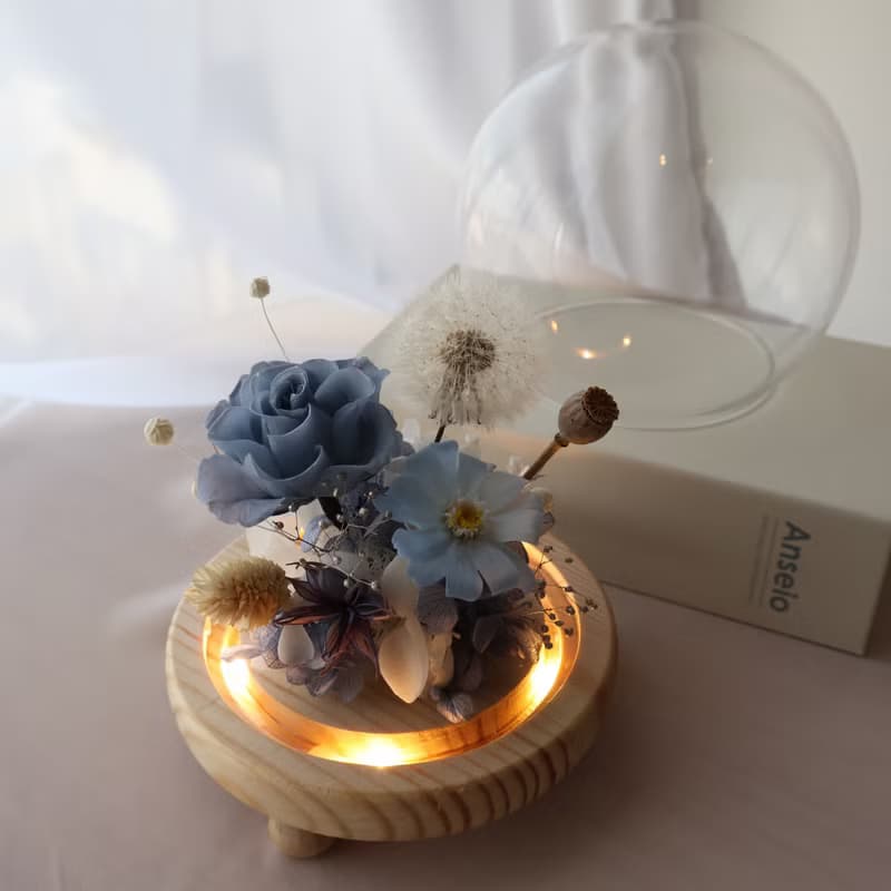 蒲公英藍白色永生小夜燈圓形玻璃鐘罩 附盒子情人節禮物 生日禮物