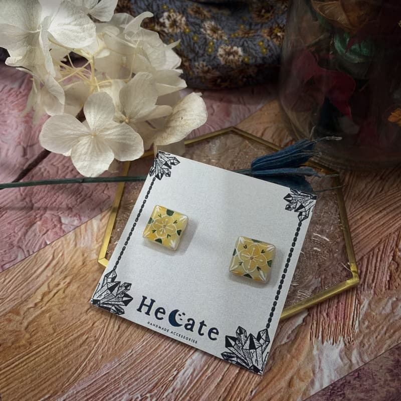 手繪飾品-花磚系列-清檸茶香-復古文青手作耳釘耳夾耳環