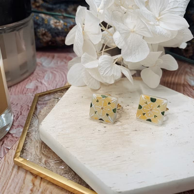 手繪飾品-花磚系列-清檸茶香-復古文青手作耳釘耳夾耳環