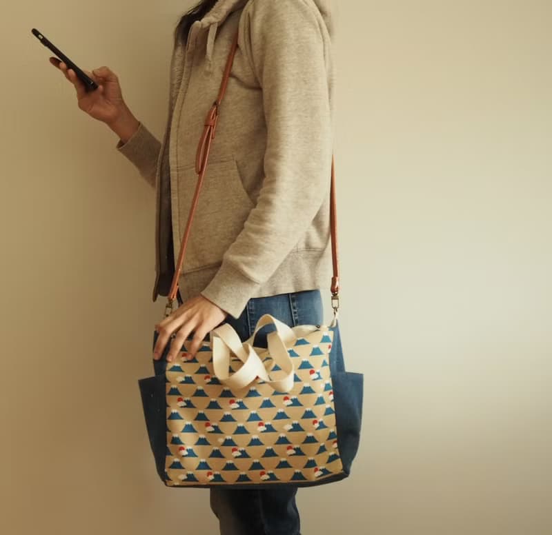 原創手工縫製托特側肩包帆布包 和風富士山圖案 可側背手挽