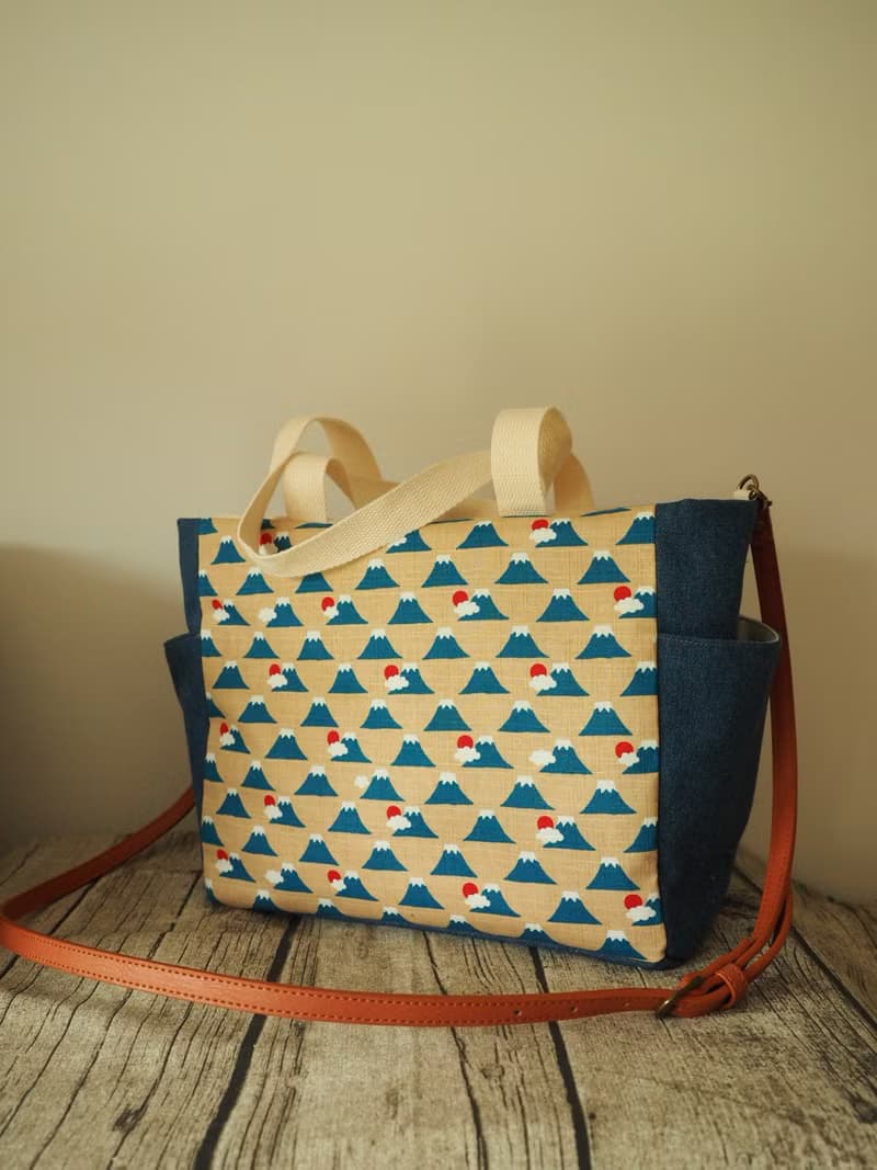 原創手工縫製托特側肩包帆布包 和風富士山圖案 可側背手挽