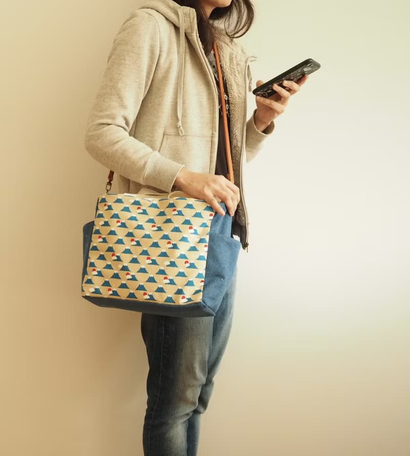 原創手工縫製托特側肩包帆布包 和風富士山圖案 可側背手挽