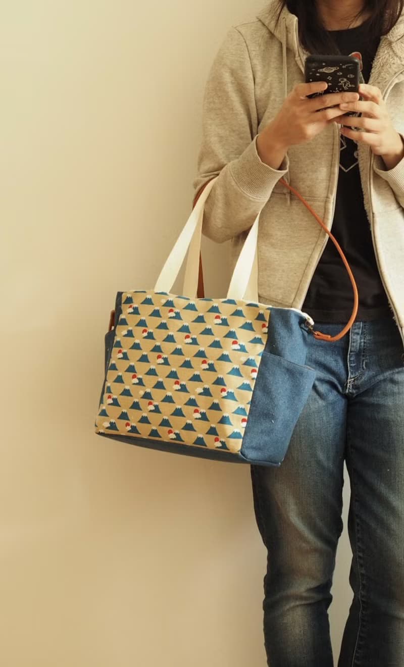 原創手工縫製托特側肩包帆布包 和風富士山圖案 可側背手挽