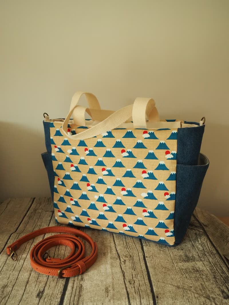 原創手工縫製托特側肩包帆布包 和風富士山圖案 可側背手挽