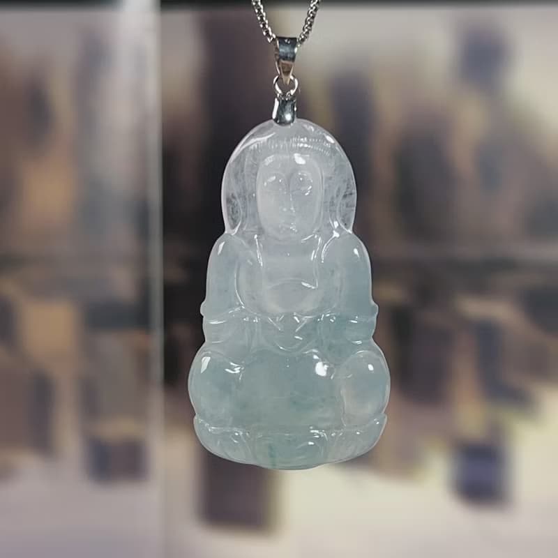 冰種翡翠觀音菩薩項鍊 14K金墜頭 | 天然緬甸玉翡翠A貨 | 送禮