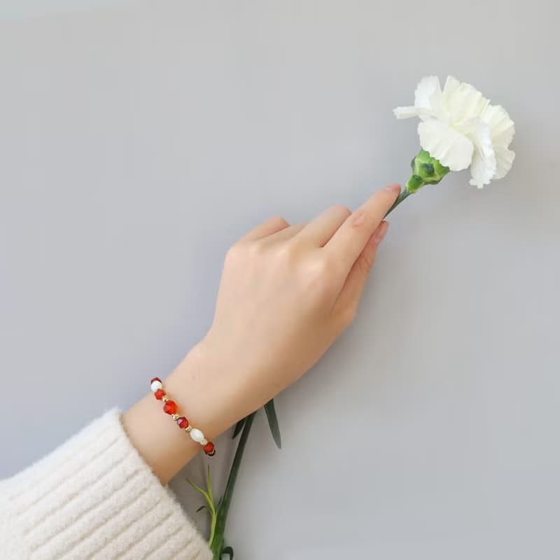 五月紅花 | S05紅瑪瑙珍珠石榴石水晶手鍊