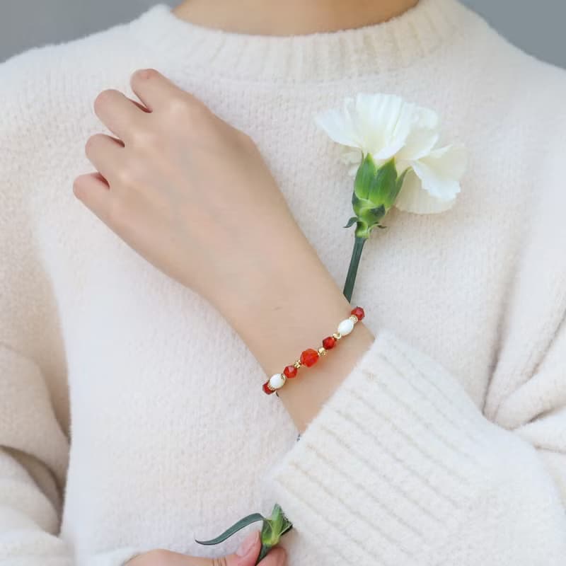 五月紅花 | S05紅瑪瑙珍珠石榴石水晶手鍊