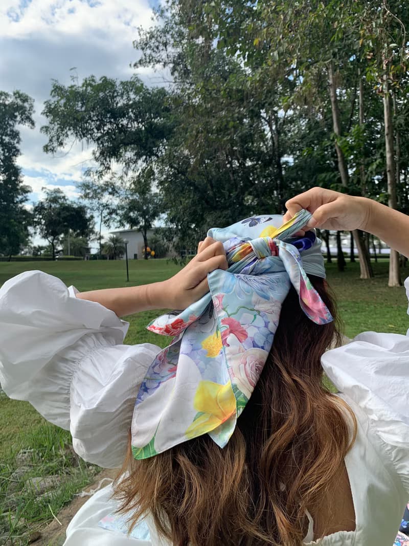 Scarf : silk satin ttq floral scarf : babyblue