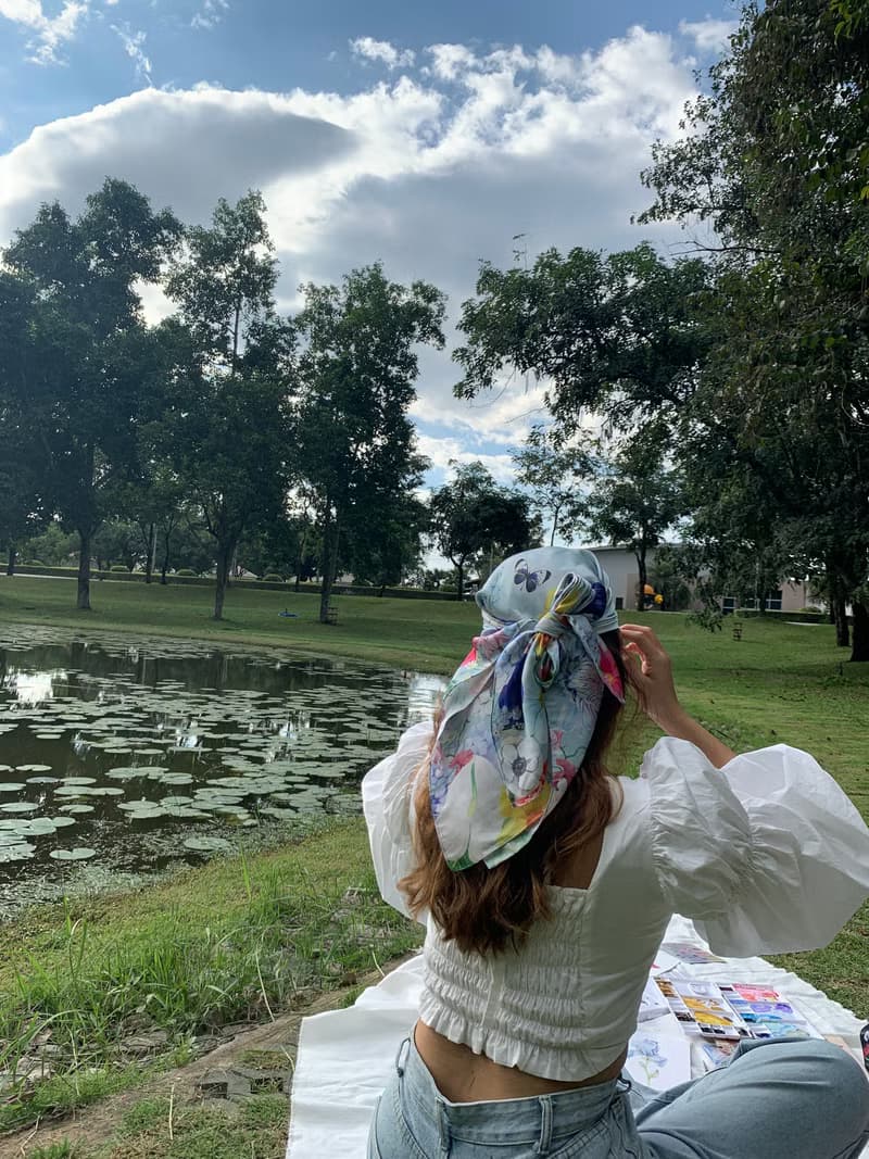 Scarf : silk satin ttq floral scarf : babyblue