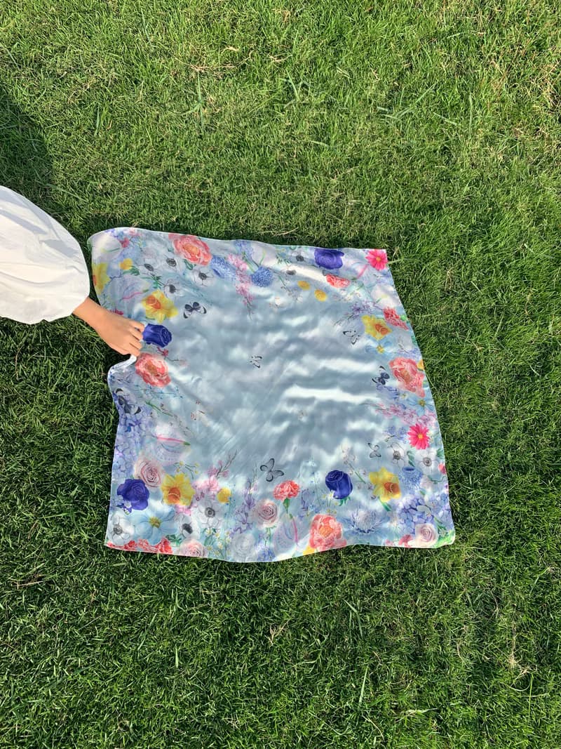 Scarf : silk satin ttq floral scarf : babyblue