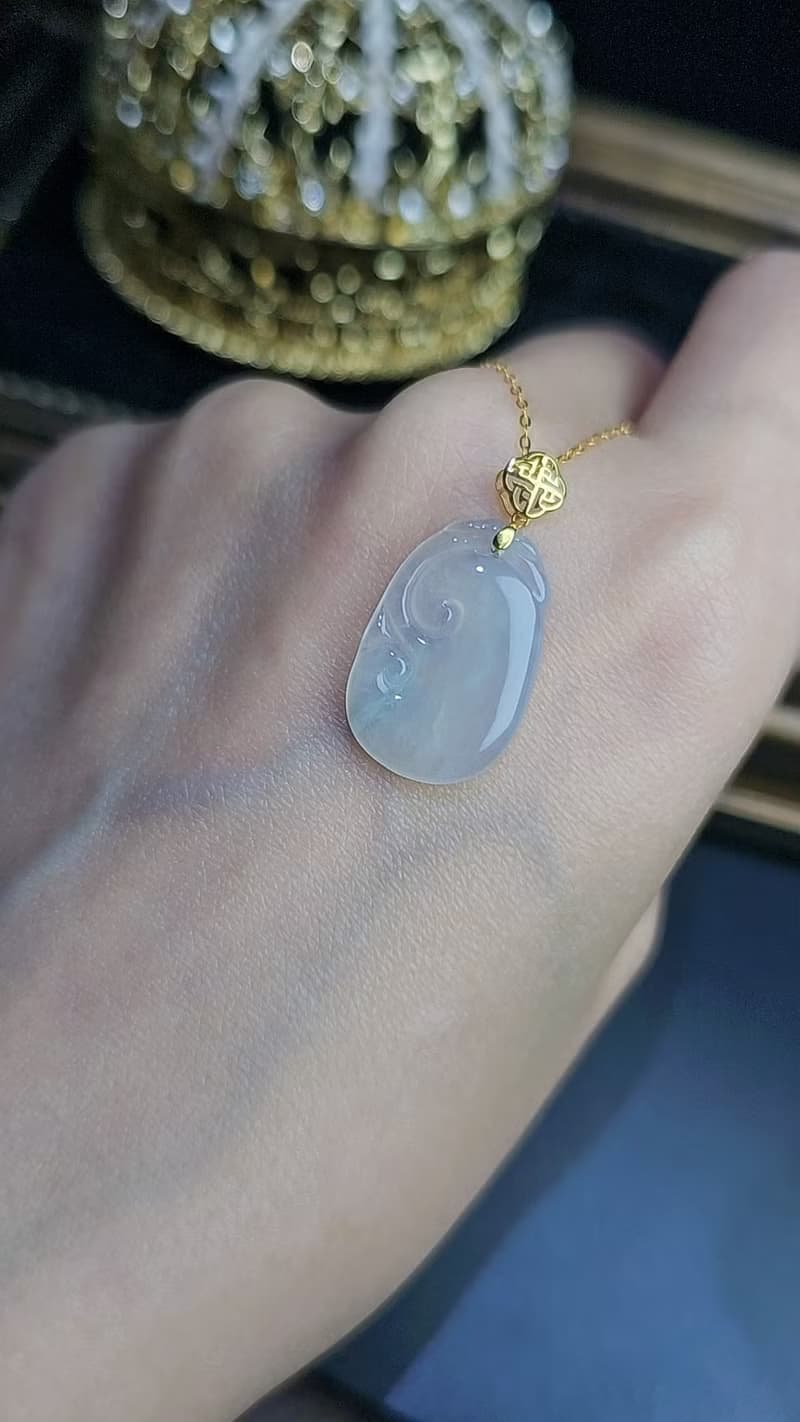 如你所願|純18k金高冰起膠如意|緬甸A貨翡翠吊墜