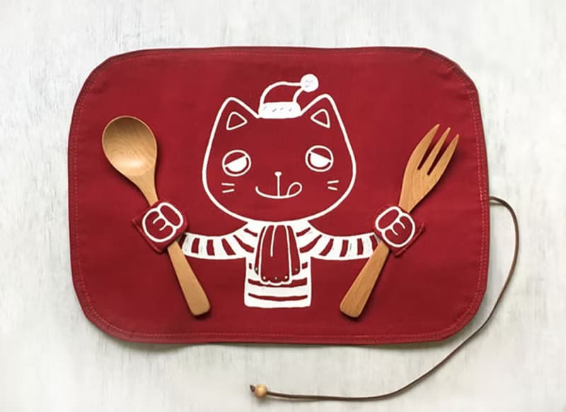 聖誕派對 貪吃小貓收納餐墊 / 紅 / 交換禮物
