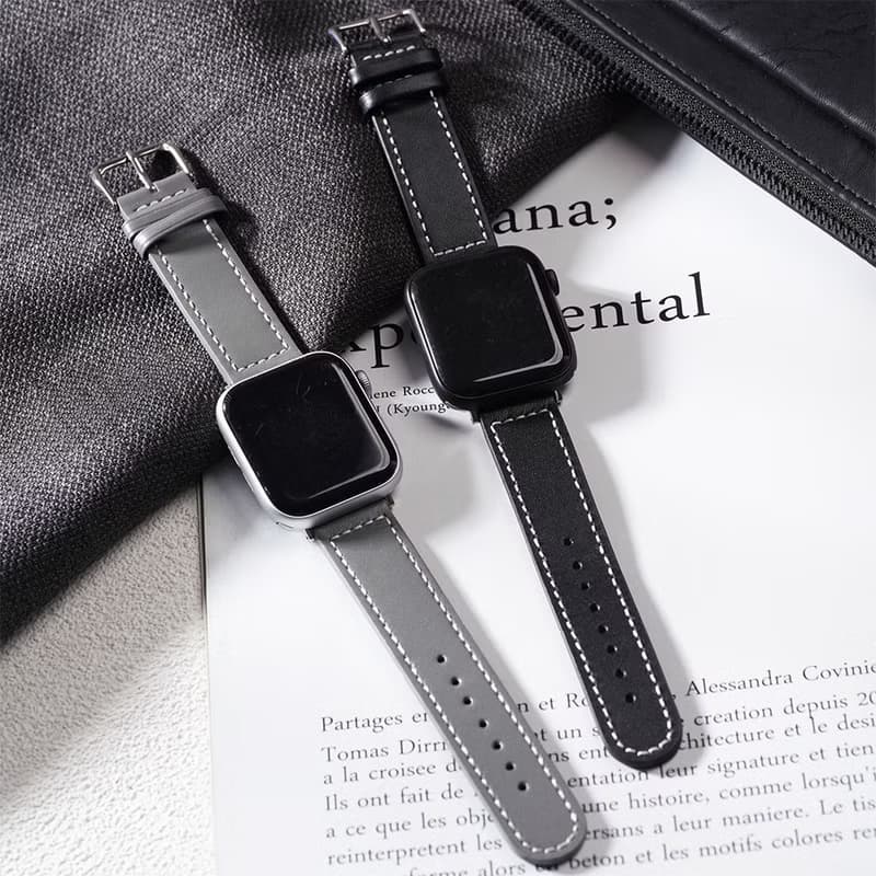 Apple watch - 【沉穩百搭黑灰色系】車線真皮蘋果錶帶