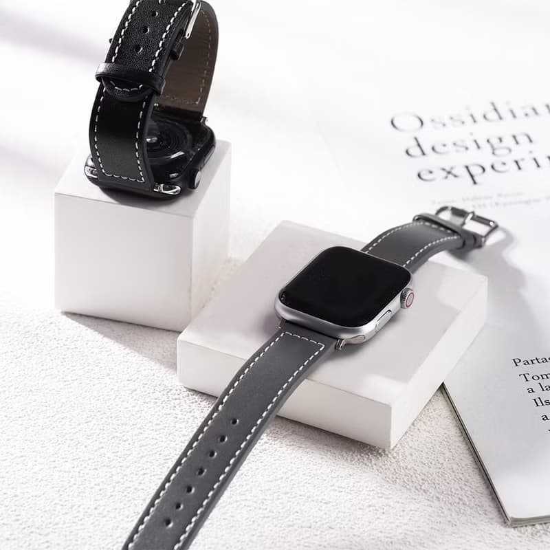 Apple watch - 【沉穩百搭黑灰色系】車線真皮蘋果錶帶