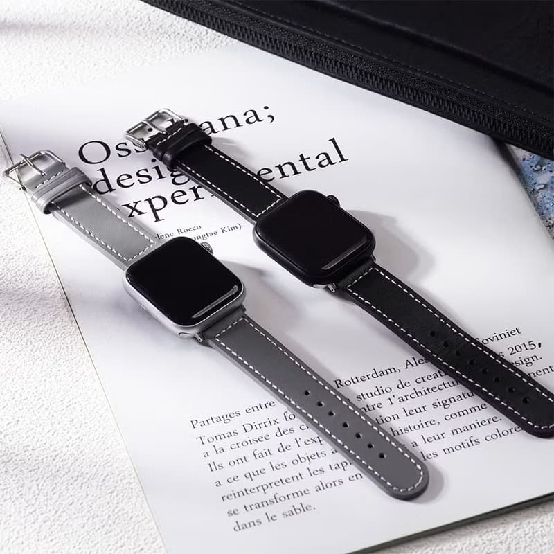 Apple watch - 【沉穩百搭黑灰色系】車線真皮蘋果錶帶