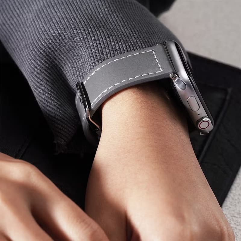 Apple watch - 【沉穩百搭黑灰色系】車線真皮蘋果錶帶