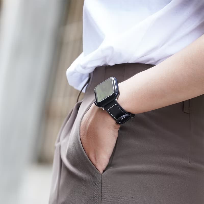 Apple watch - 【沉穩百搭黑灰色系】車線真皮蘋果錶帶
