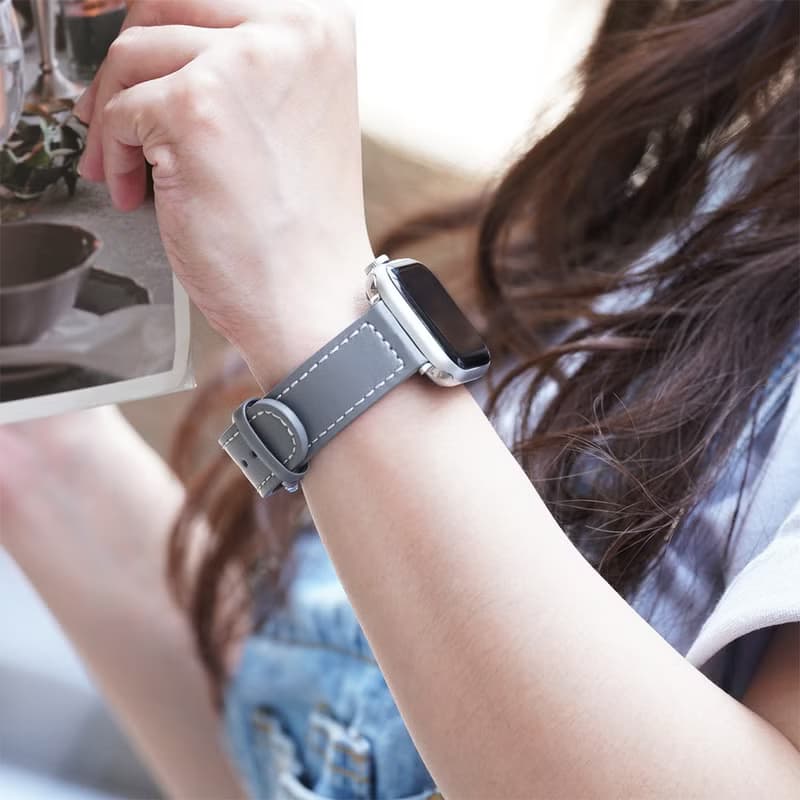 Apple watch - 【沉穩百搭黑灰色系】車線真皮蘋果錶帶