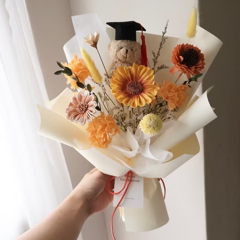 畢業熊花束 陽光橘太陽花花束 向日葵 生日 週年 畢業禮物 老師禮