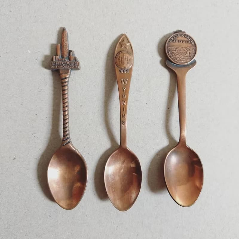 美國古董老物 芝加哥 大峽谷 懷俄明州 景點雕刻紀念 紅銅茶湯匙