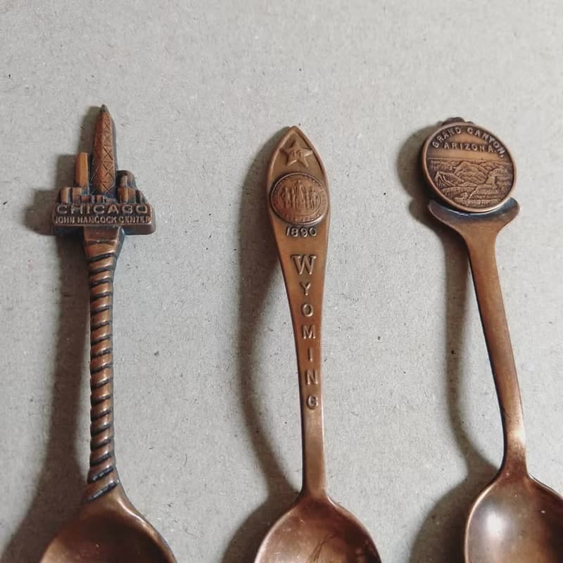美國古董老物 芝加哥 大峽谷 懷俄明州 景點雕刻紀念 紅銅茶湯匙