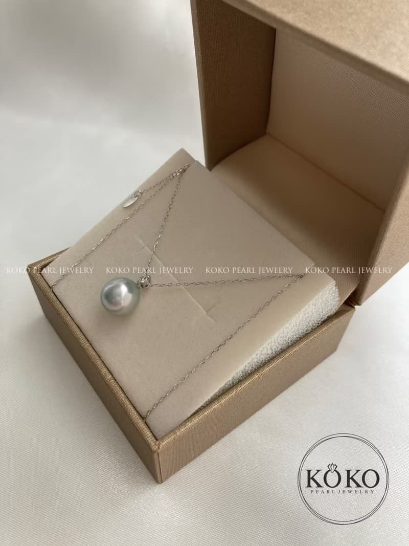 18k白金 海水akoya珍珠 天然真多麻色 戴妃款吊墜項鍊 45cm