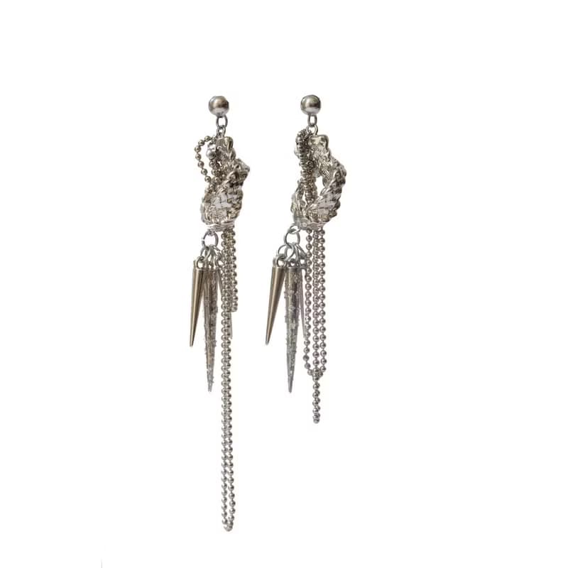 原創設計誇張復雜冷銀色幾何耳飾不對稱長款流蘇鏈條微鑲鋯石耳釘