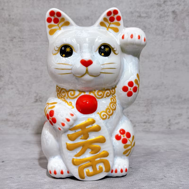 【金彩瑞獸】日本清水燒招財貓 | 花結晶 白 体花 千萬両 左