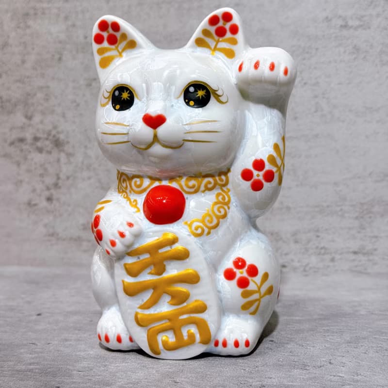 【金彩瑞獸】日本清水燒招財貓 | 花結晶 白 体花 千萬両 左