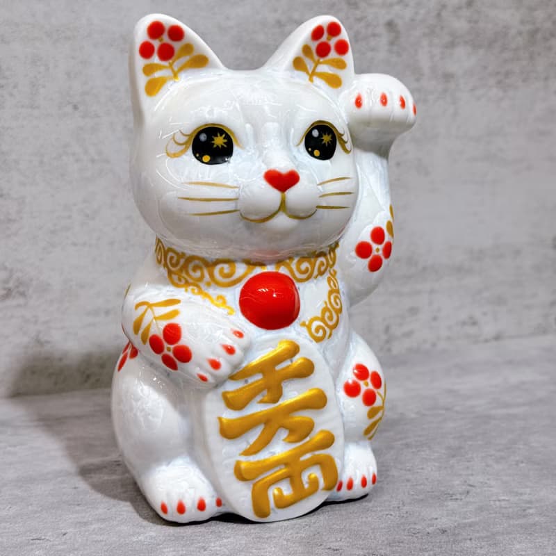 【金彩瑞獸】日本清水燒招財貓 | 花結晶 白 体花 千萬両 左