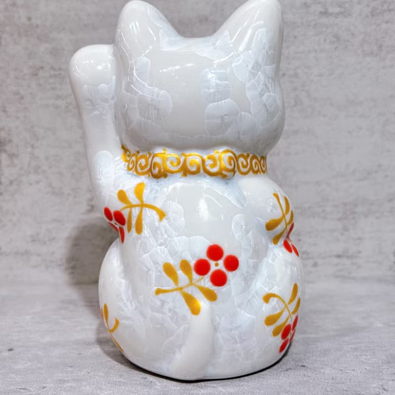 【金彩瑞獸】日本清水燒招財貓 | 花結晶 白 体花 千萬両 左