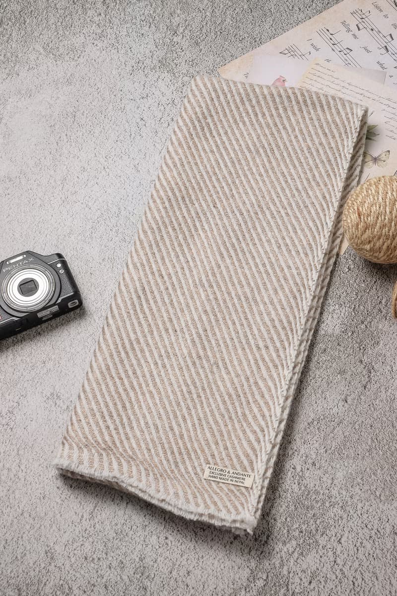 【窄版】喀什米爾羊毛圍巾 全斜紋無染淺褐 脖圍 手工機織