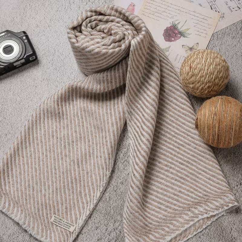 【窄版】喀什米爾羊毛圍巾 全斜紋無染淺褐 脖圍 手工機織