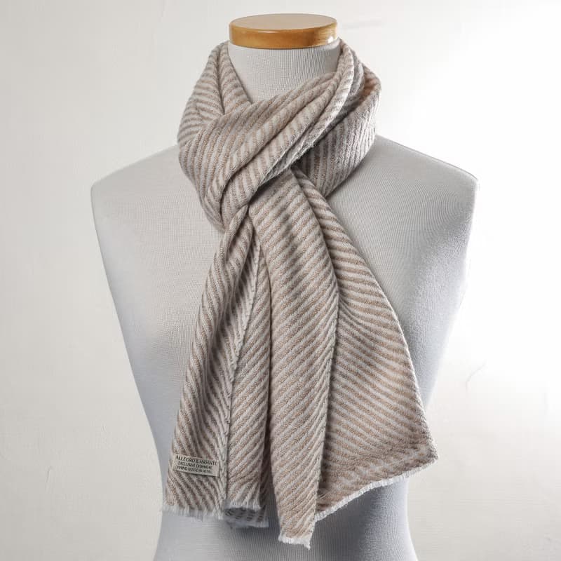 【窄版】喀什米爾羊毛圍巾 全斜紋無染淺褐 脖圍 手工機織