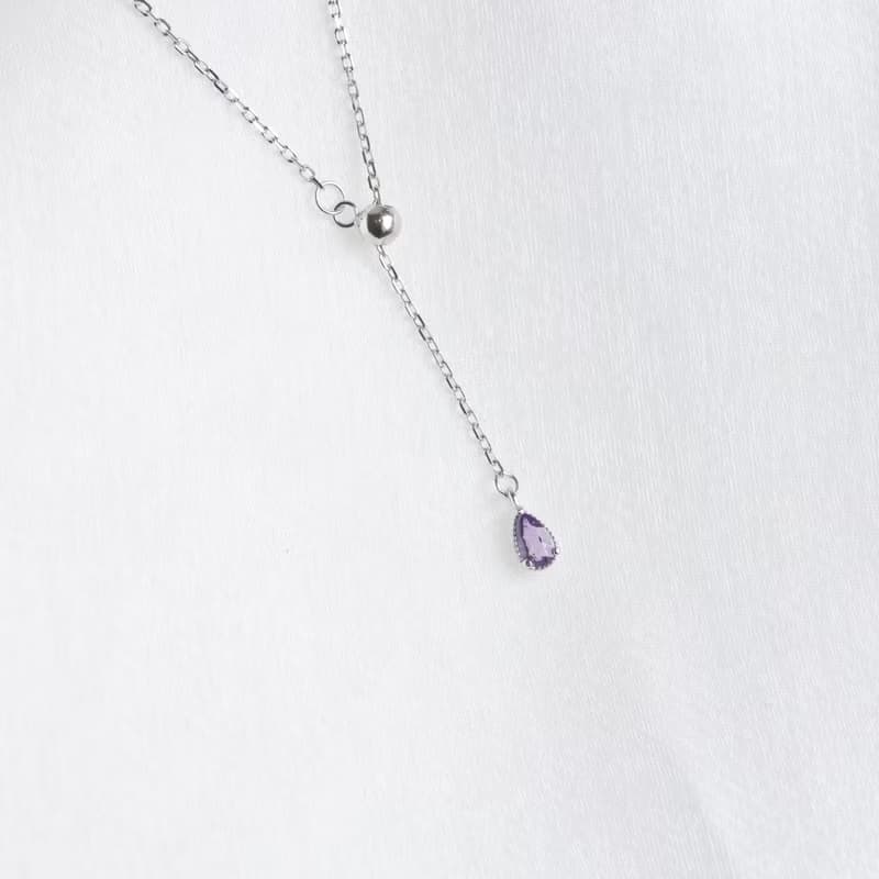 紫水晶925純銀水滴伸縮設計項鍊