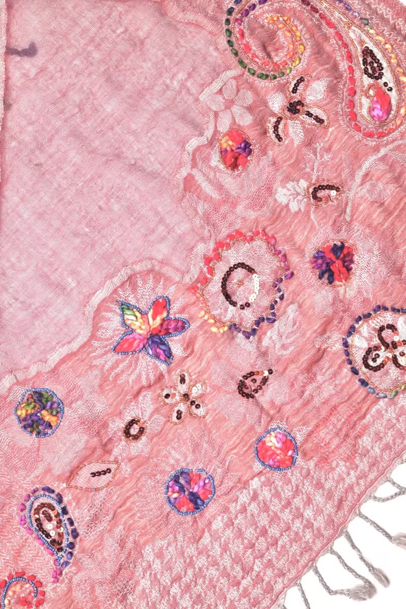 【精品禮盒】釘珠喀什米爾水煮羊毛刺繡圍巾披肩乾燥玫瑰粉拼透紗