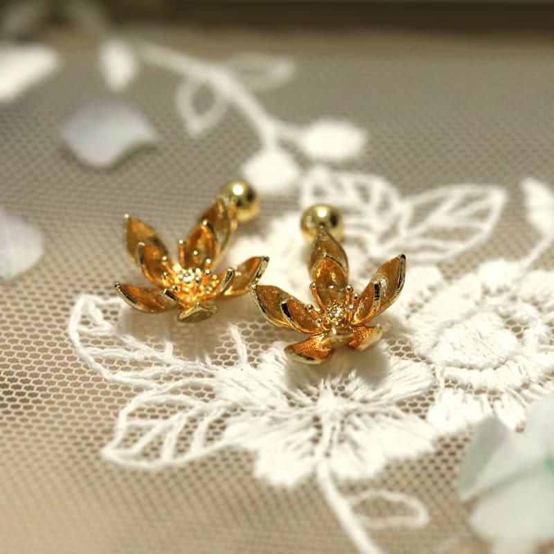 手作雙層小蓮花耳環耳釘耳飾925銀耳針