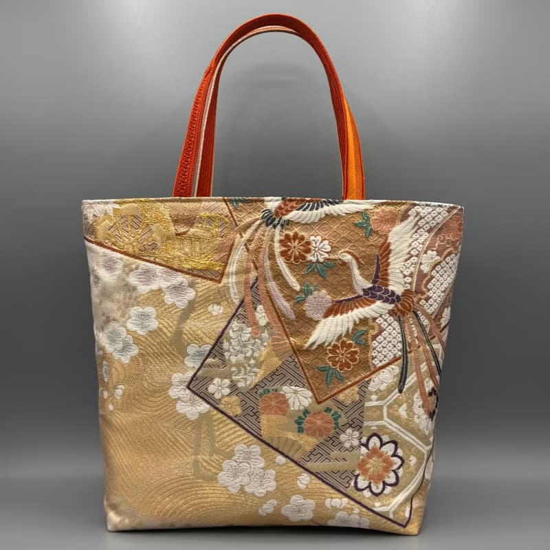 着物 帯 帯締め ハンドメイド トートバッグ リメイク 金 鳥